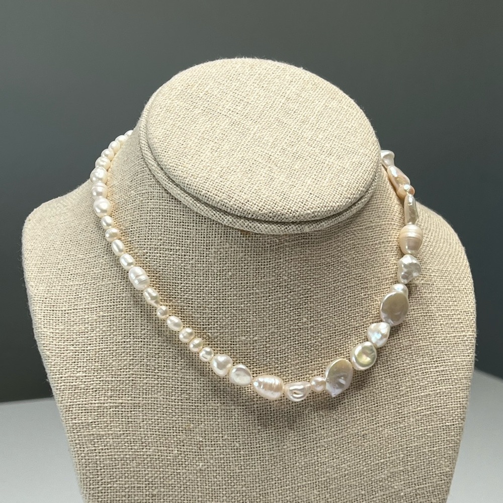 Asymmetrical Freshwater White Pearl Necklace • 14.5” • Recycled Secondhand Beads